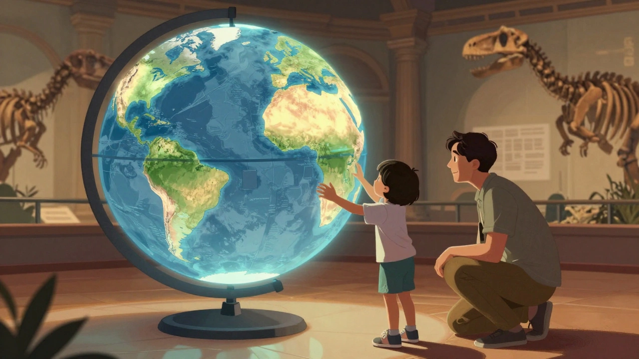 Child spinning a glowing globe at the Natural History Museum while parent watches with a smile.