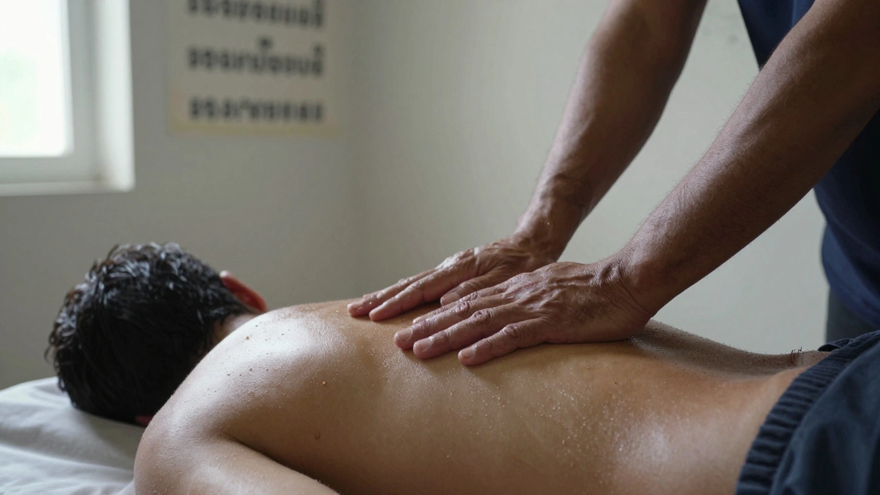 Close-up of therapist's foot and hand applying pressure to man's hip during authentic Thai massage in Camden clinic.
