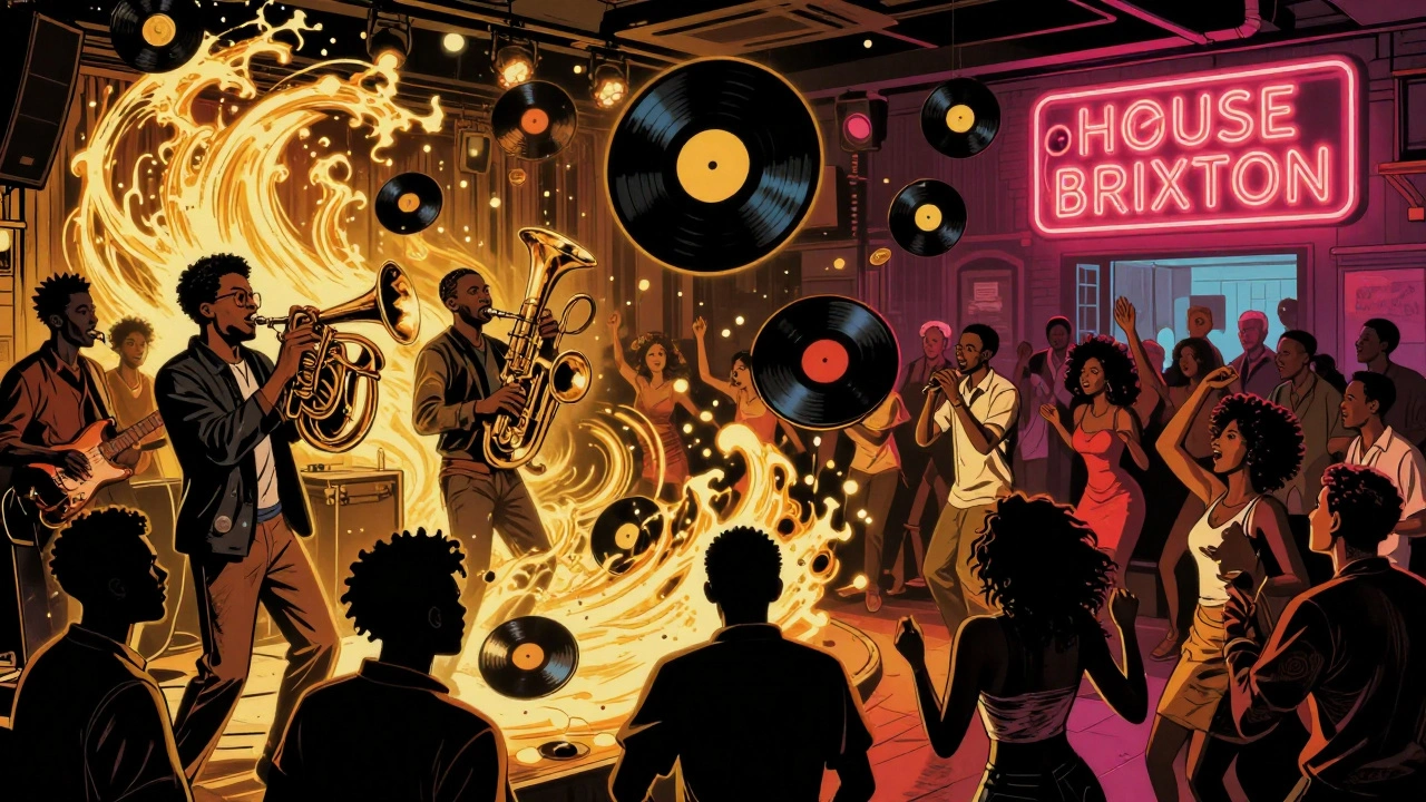 Comic-style scene of live brass players and vinyl records spinning at Electric Brixton's Wednesday night party.