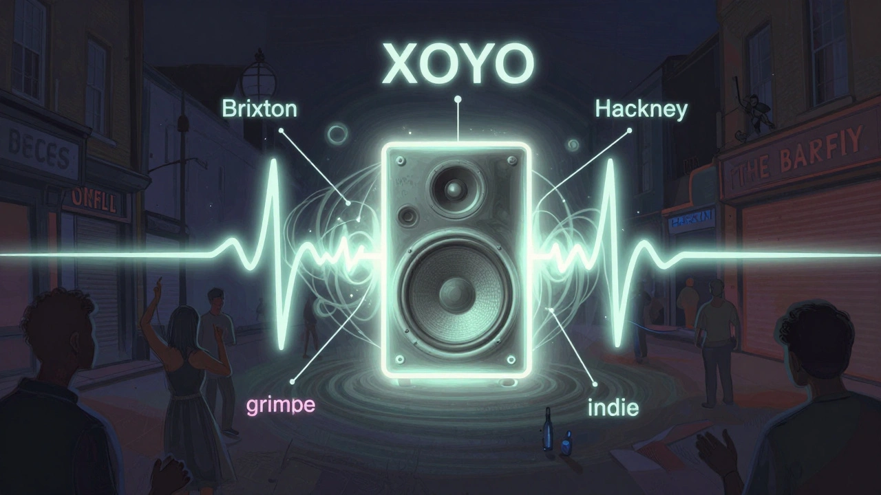Conceptual image of XOYO as a sound heartbeat connecting London's music scenes, with fading venues in the background.