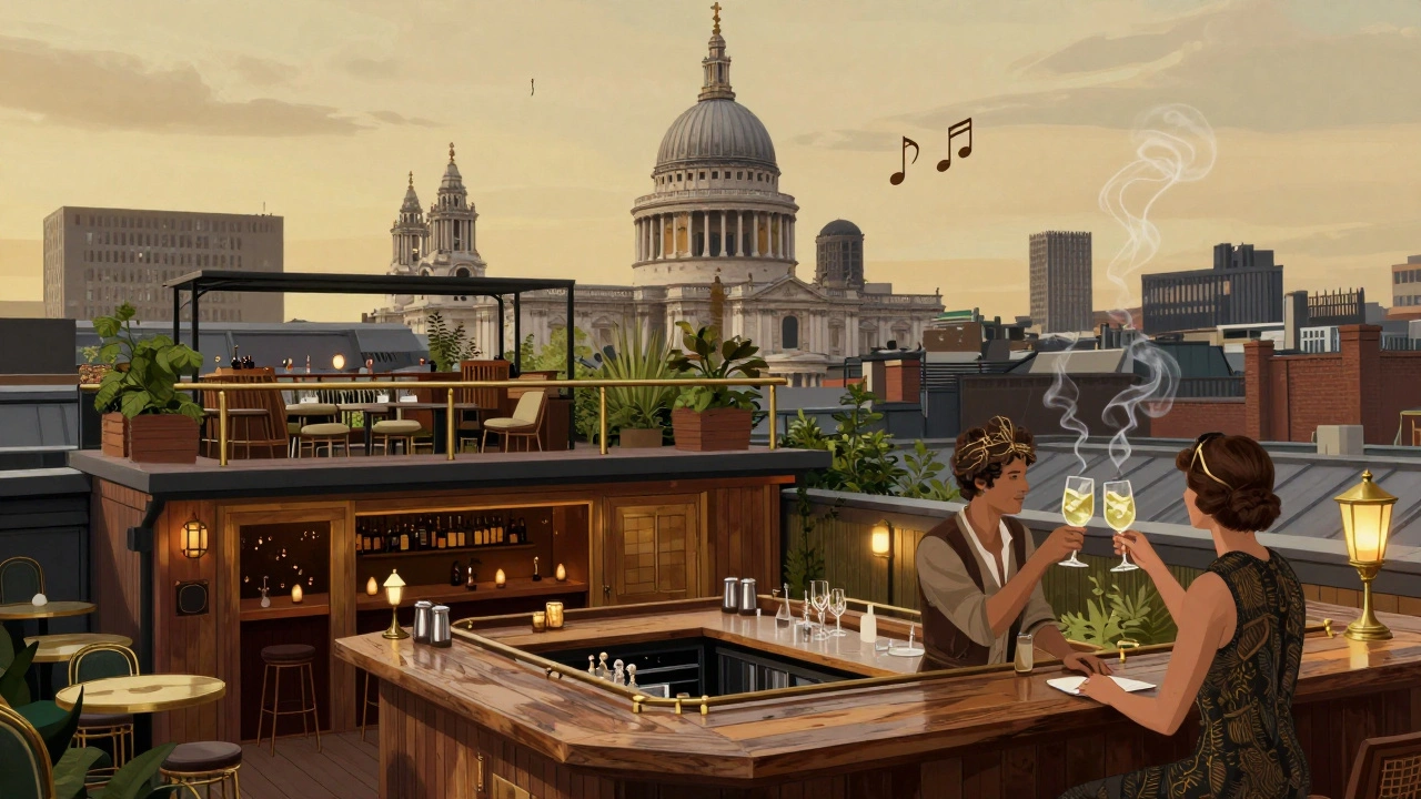 Couple toasting at The Roof at The Ned with St. Paul’s Cathedral in the background.