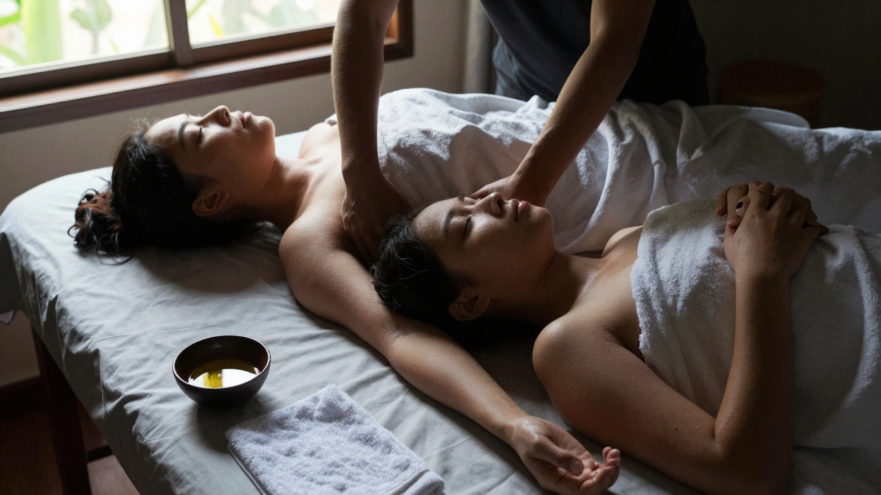 Couples lying tangled in bed after a massage, peaceful and connected in morning light, no devices in sight.