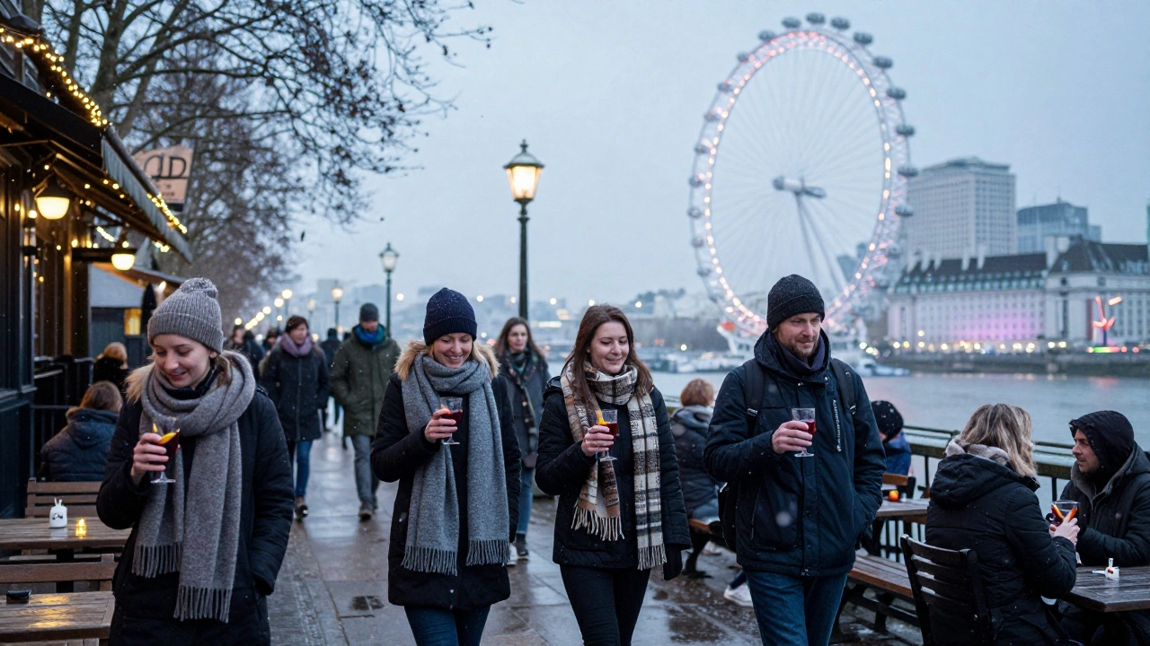 Crowd sipping mulled wine by the Thames under winter lights and the glowing London Eye.