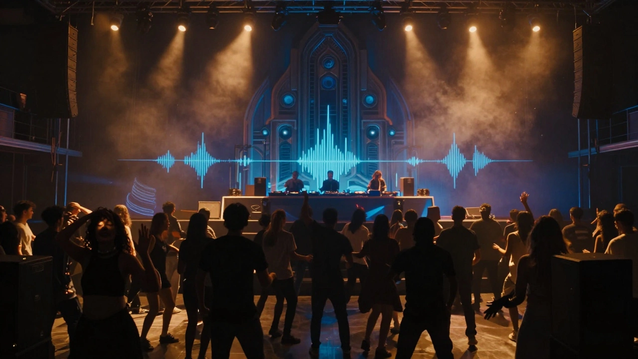 Dancers silhouetted under colored lights inside Ministry of Sound, sound waves visible in the air.