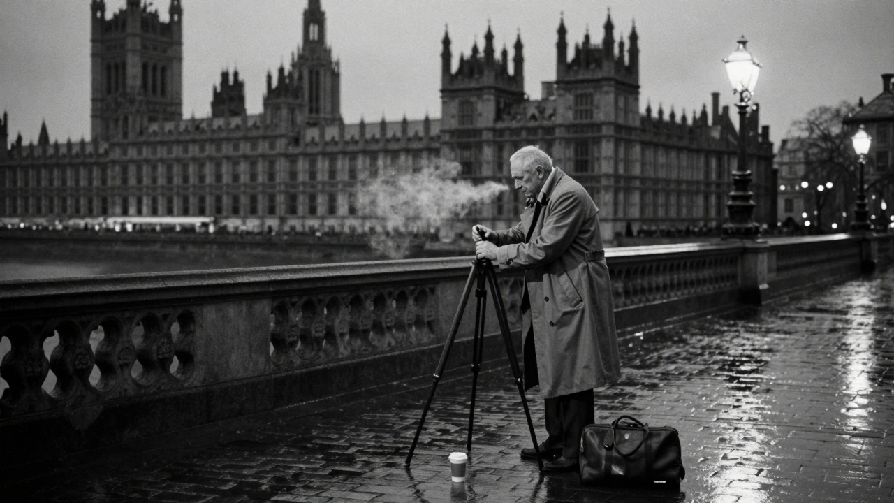 Elderly photographer at dawn on Embankment with tripod, Houses of Parliament in background.