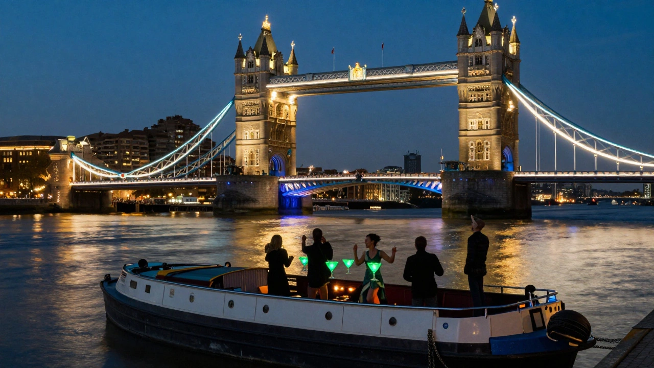 Floating party on a Thames barge beneath Tower Bridge at night with glowing cocktails.