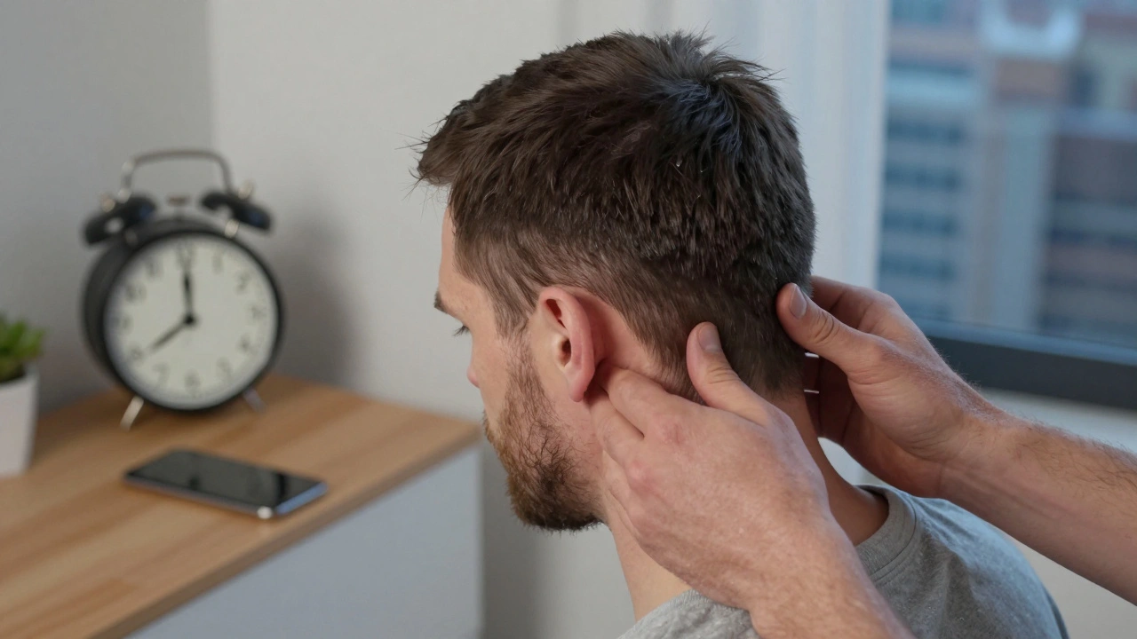 Hands performing a head and ear massage at night, with a phone and clock in the blurred background.