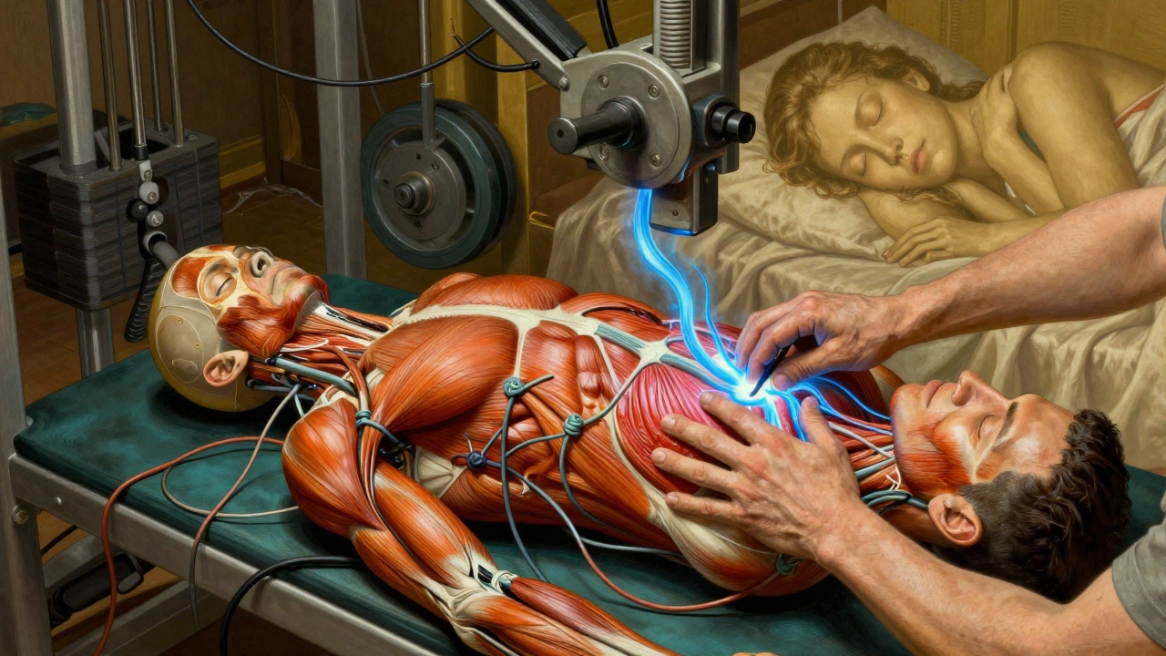 Human body as a machine with tangled muscles being repaired by hands, transforming tension into flowing energy.
