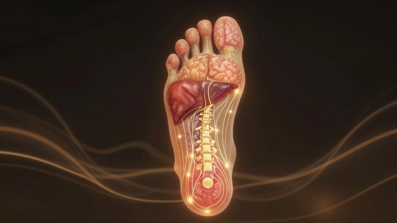 Human foot with glowing energy lines connecting pressure points to internal organs.