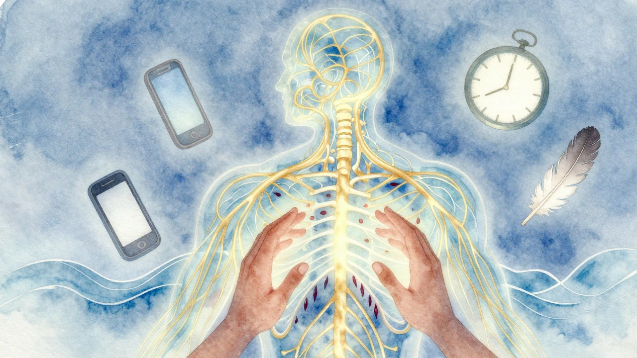 Human nervous system glowing with calm light as stress fades away, surrounded by symbols of silence and stillness.