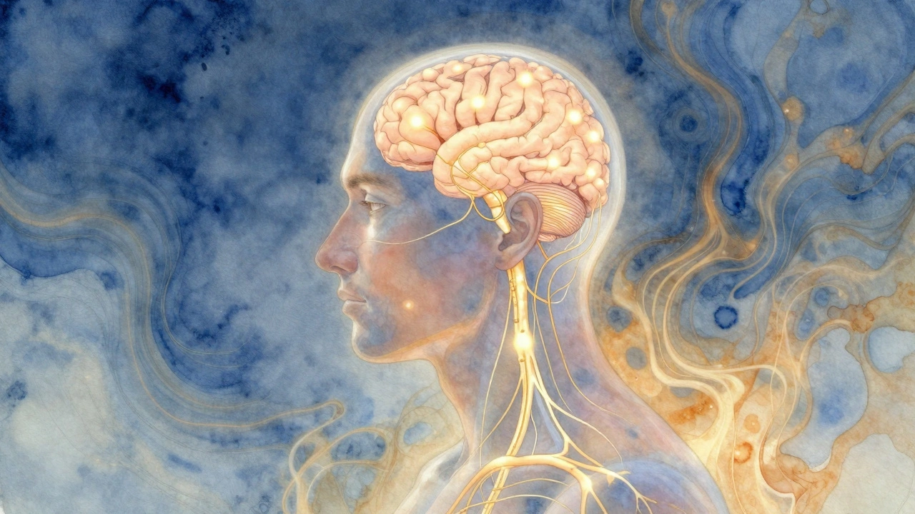 Illustration of pressure points glowing along the scalp and neck, connected to the brain by golden lines.