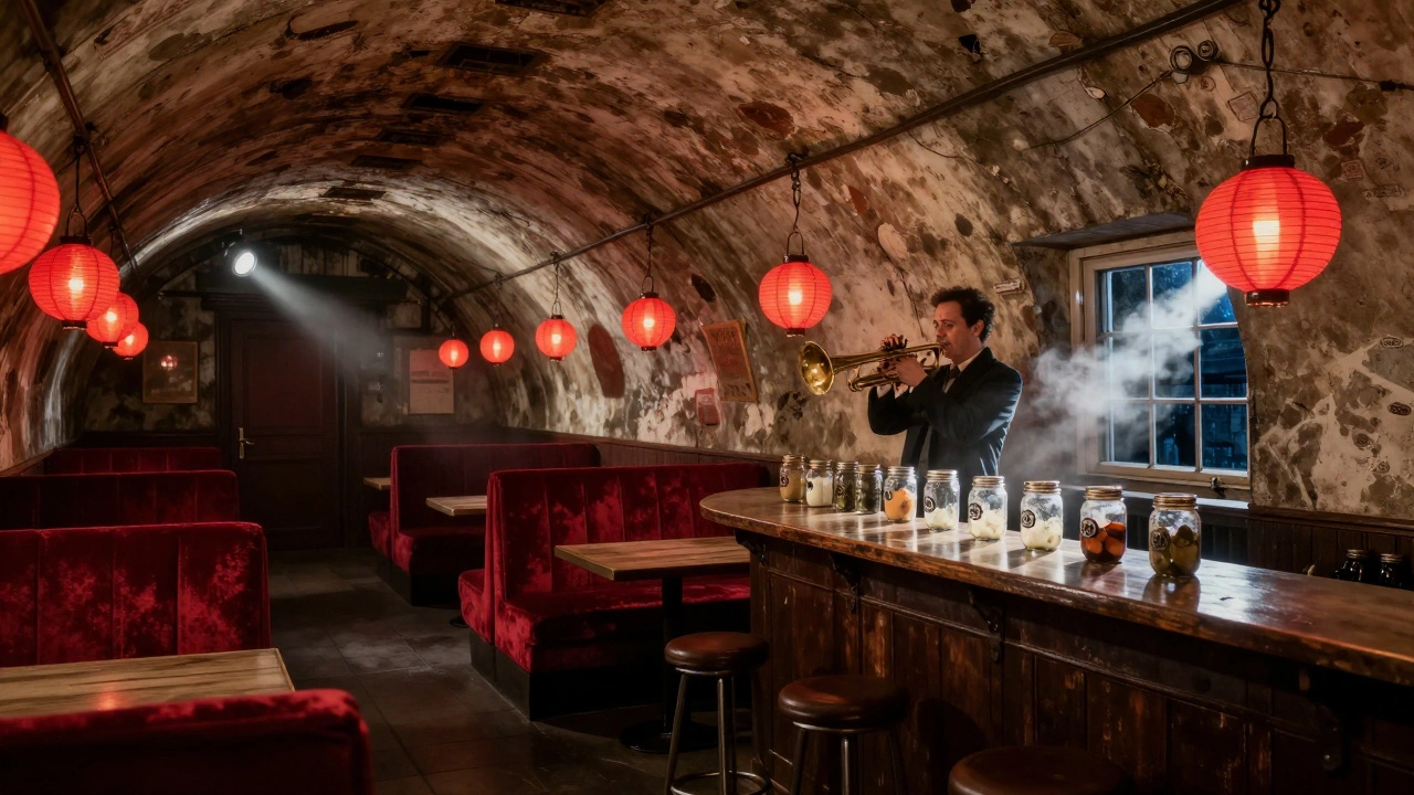 Jazz musician playing in a dim red-lit bomb shelter under a railway arch.