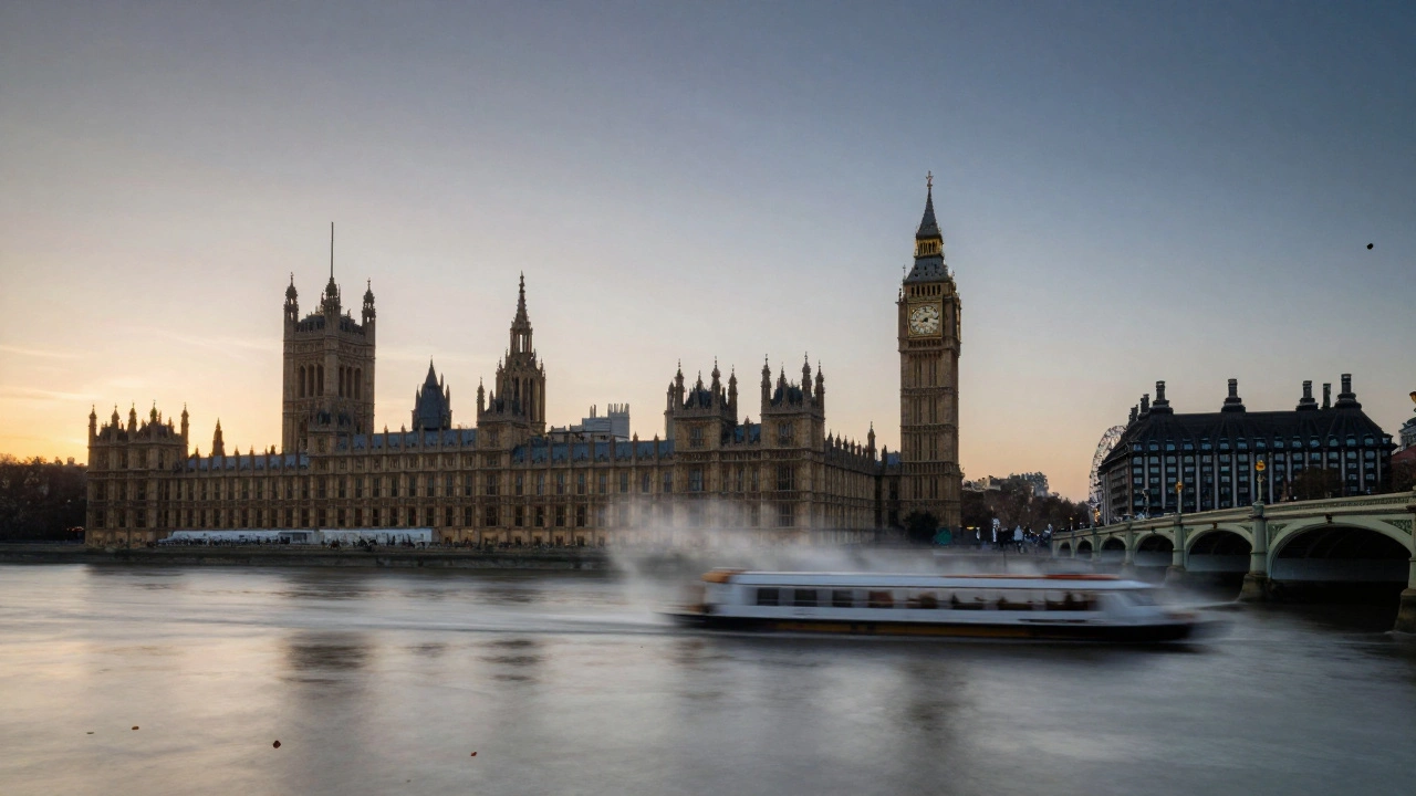 Long-exposure photo of Parliament at sunrise with blurred river and drifting autumn leaves.