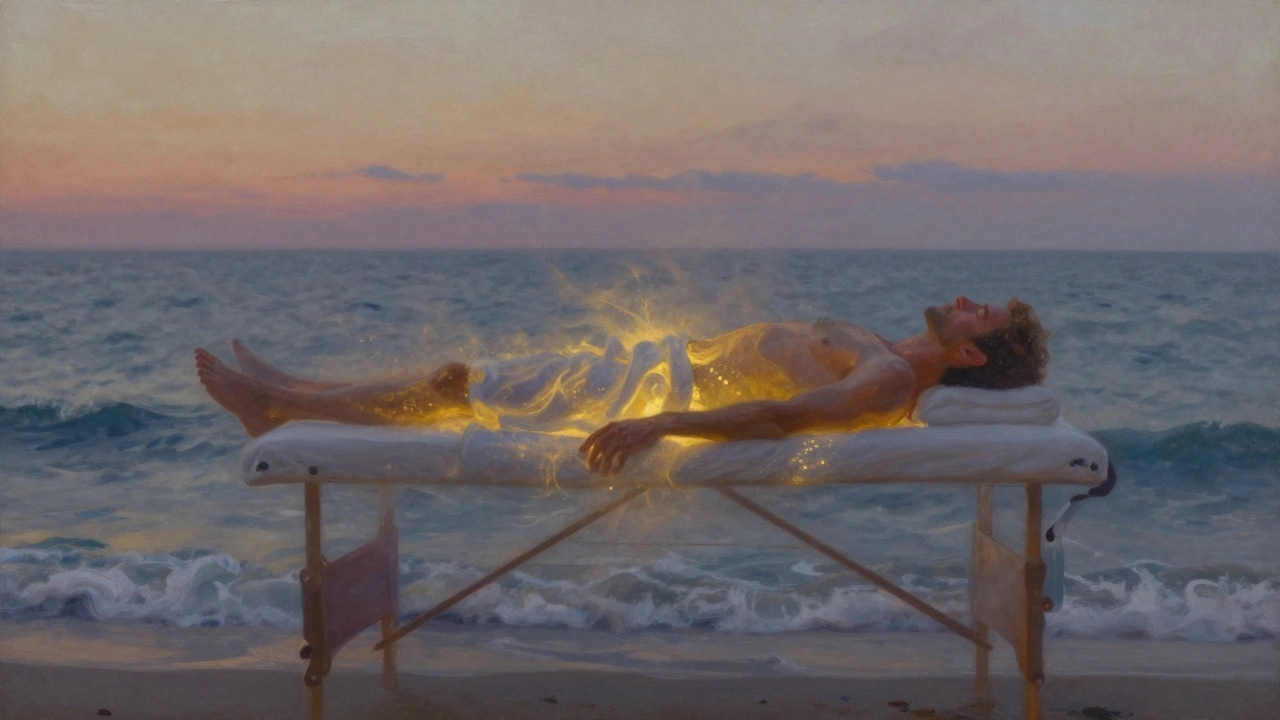 Man floating peacefully above the English Channel, his body dissolving into light as if released from tension.