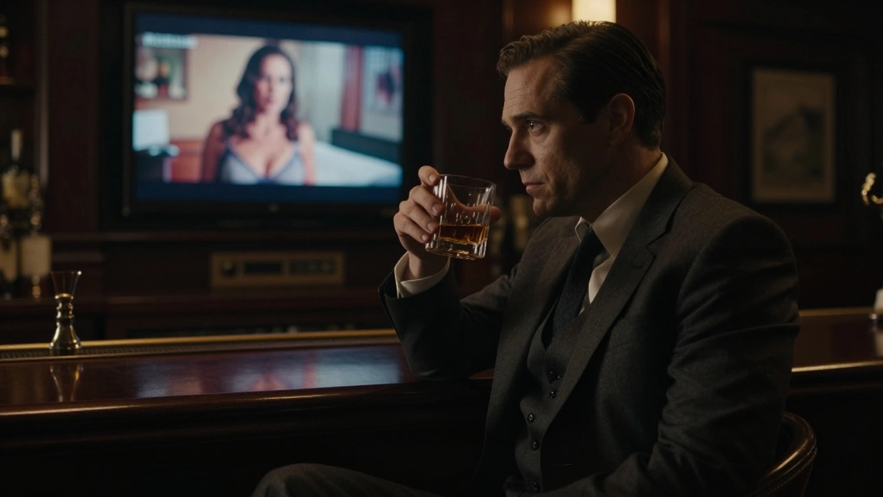 Man in a suit at a dim bar, reflection showing a pornstar film on a TV screen in Mayfair.