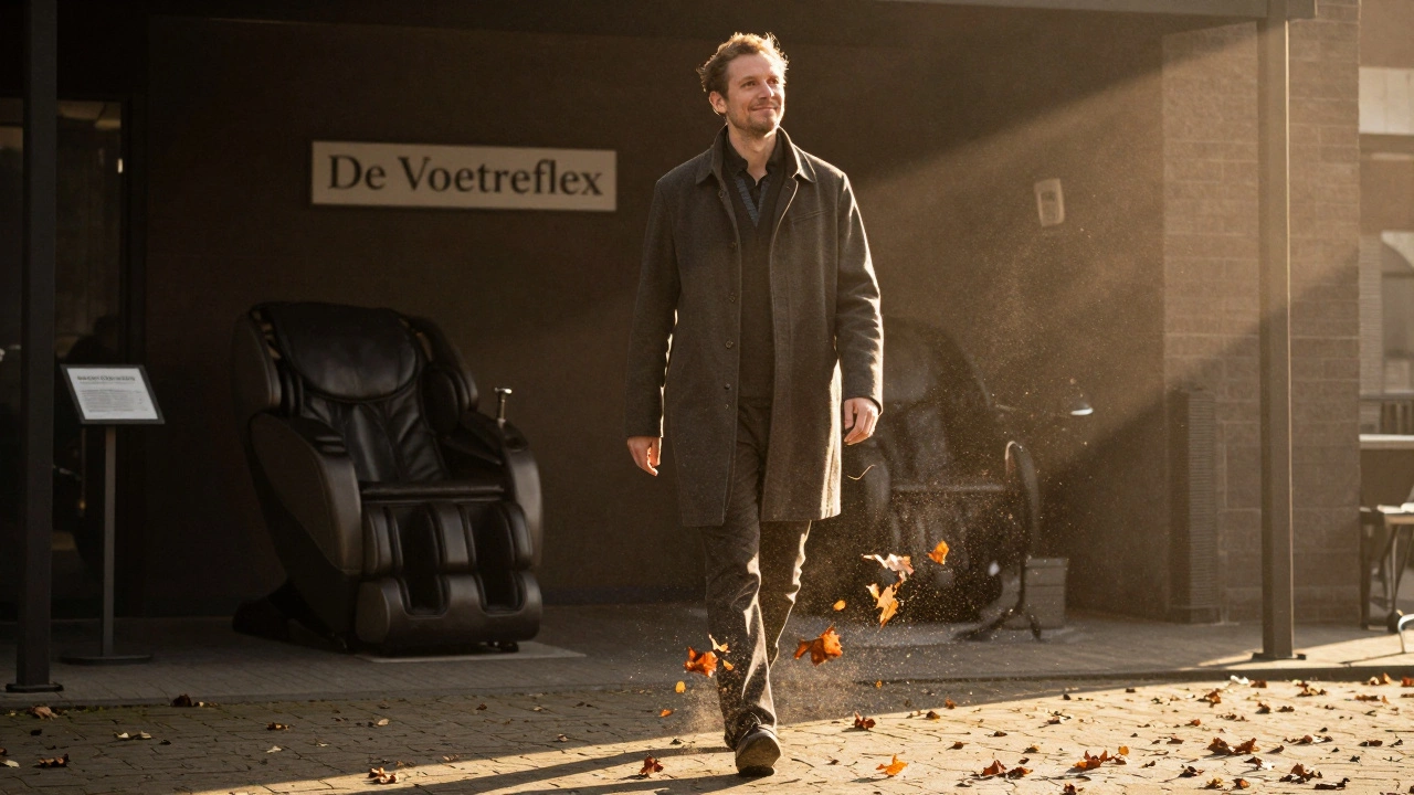 Man walking out of a spa, posture relaxed, golden light highlighting his renewed energy.