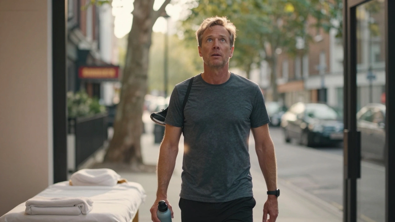 Middle-aged man walking out of a massage studio, relaxed posture, morning light behind him, running shoes on shoulder.