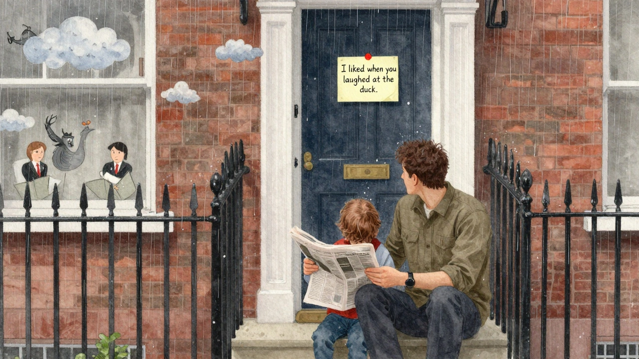 Parent and child sitting on a doorstep watching rain, sticky note on fridge reading 'I liked when you laughed at the duck.'