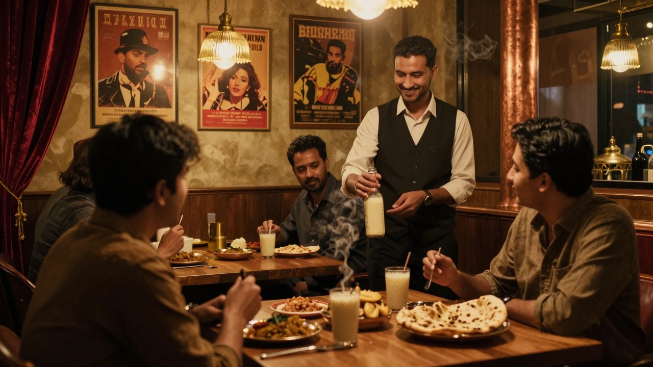 Patrons share curry and naan in the warm, intimate interior of Dishoom at 1am.