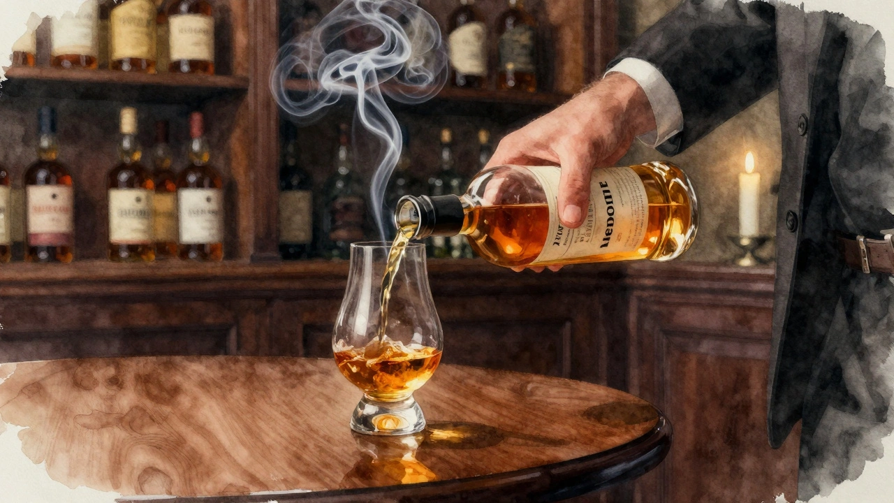 Private whiskey tasting with a single glass of aged Islay whisky and curling peat smoke in a dim vault.