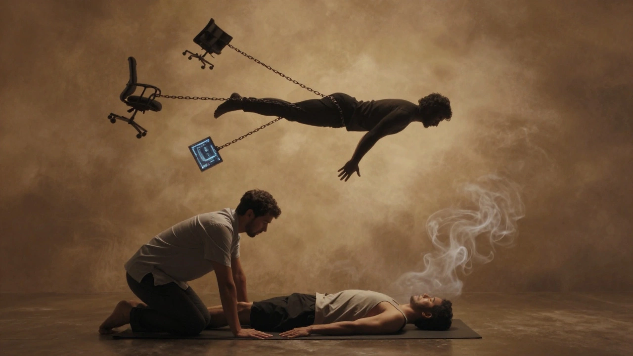 Silhouette of man floating free from stress chains, therapist below working to realign his body with hands and knees.