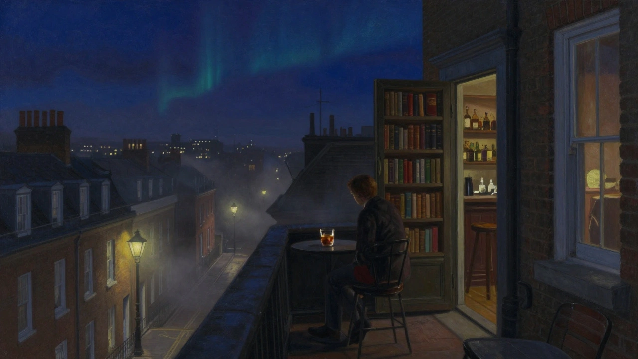 Solo diner on a hidden rooftop terrace with city lights glowing softly in the night.