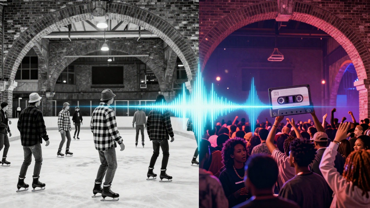 Split image showing 1991 and 2025 crowds at Ministry of Sound connected by a sonic waveform.