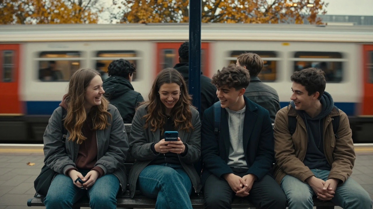Teens laughing at a phone screen while sitting on a bench at Clapham Junction station.