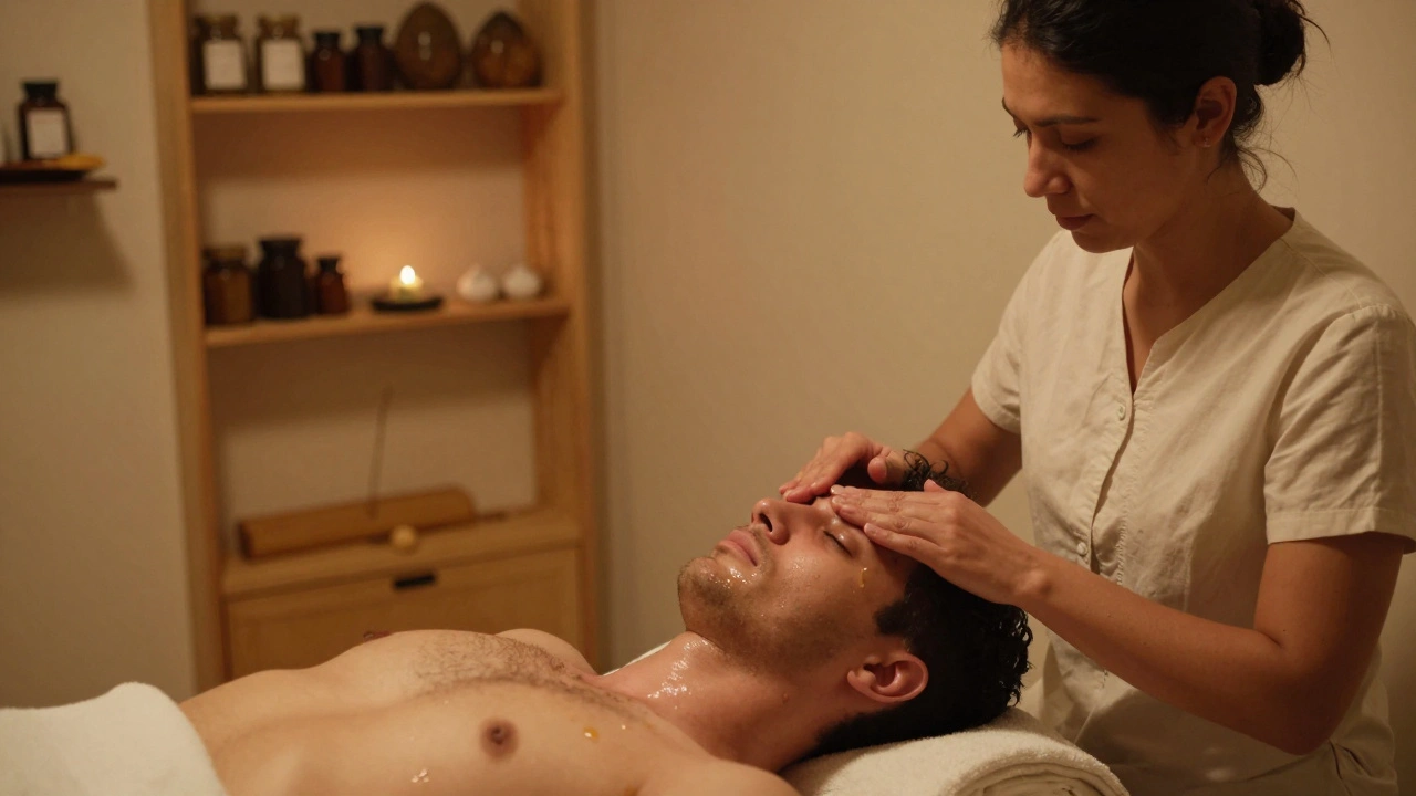 Therapist applying pressure to man’s temples and jaw during traditional Ayurvedic head massage, warm oil visible on skin.