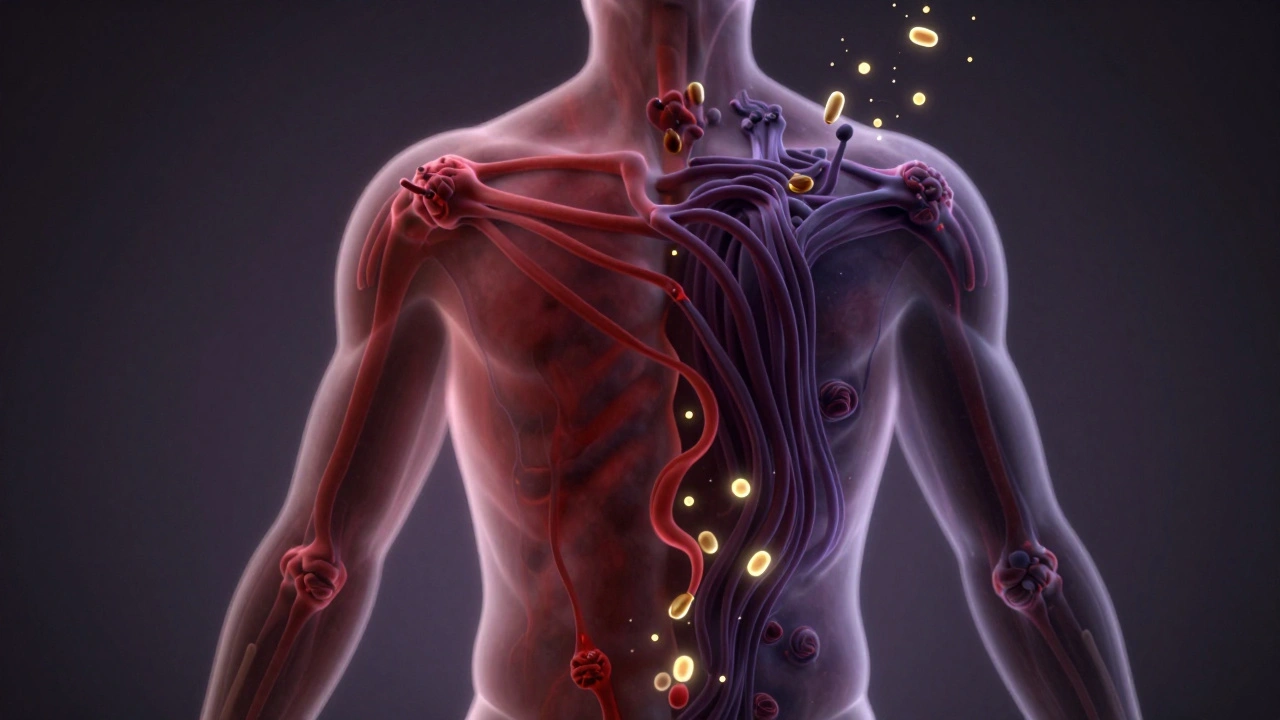 Translucent human torso with deep tissue knots dissolving into glowing energy particles.