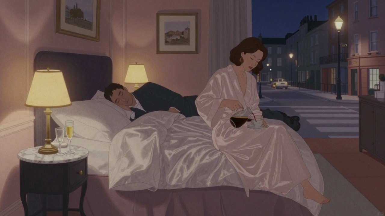 A cozy hotel room at night with champagne glasses, coffee, and a woman pouring a drink beside a sleeping man.
