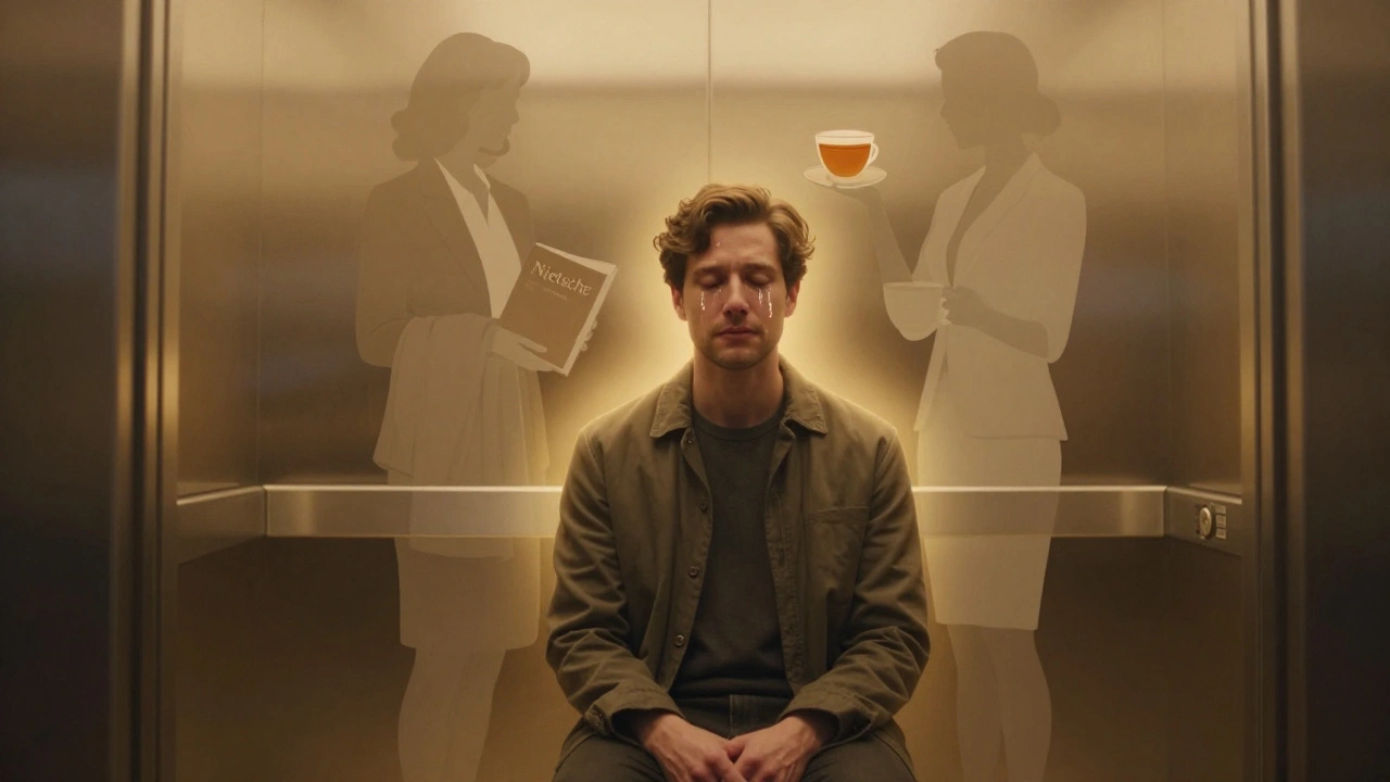 A man in an elevator, tears falling, surrounded by glowing symbols of emotional connection and peace.