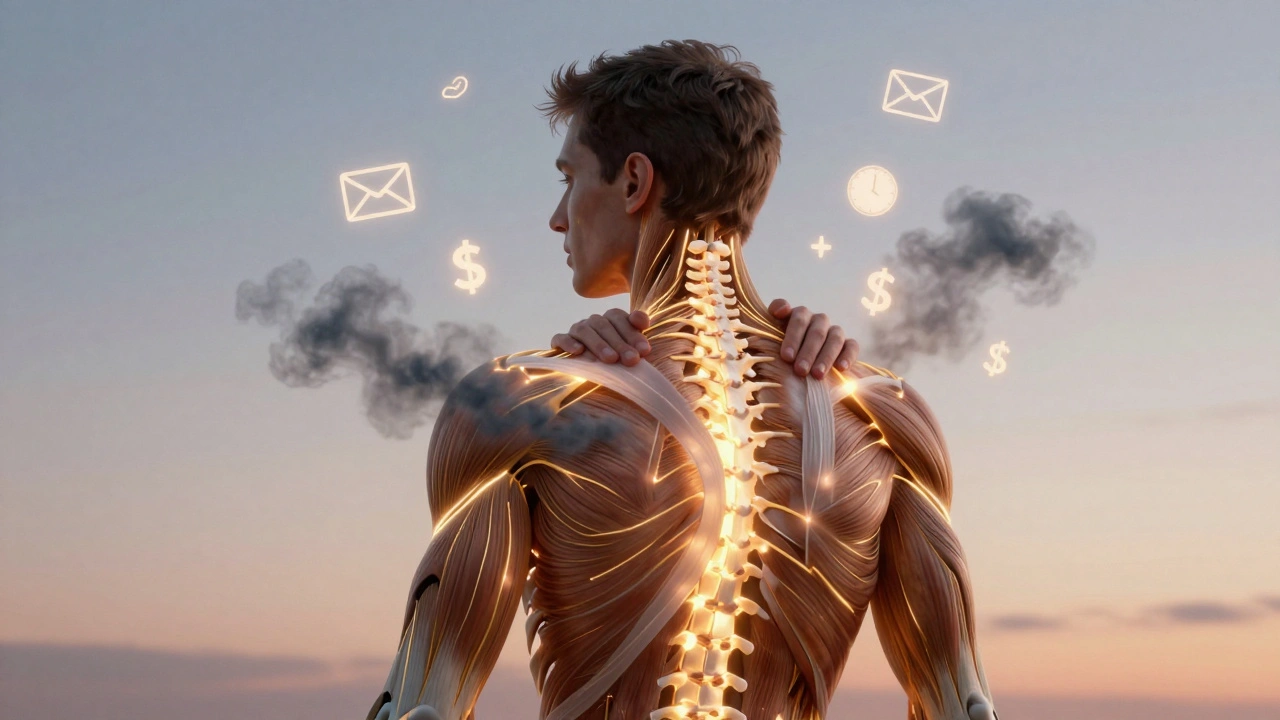 A man’s body with golden light releasing tension clouds, stress symbols fading away, surreal anatomical art style symbolizing emotional reset.