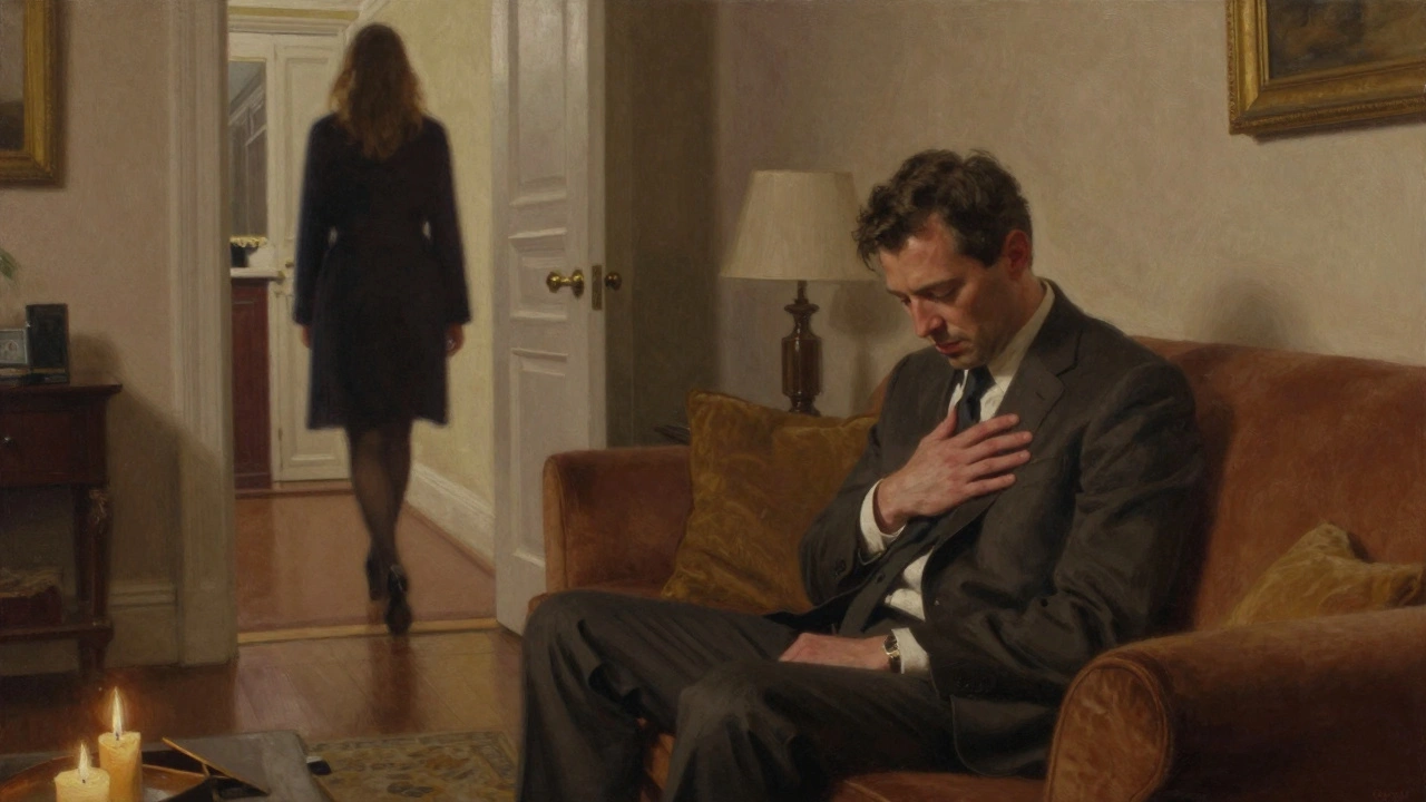 A man sits alone on a sofa in a luxurious flat, eyes closed, as a woman's figure departs through the doorway, candlelight casting a solemn glow.