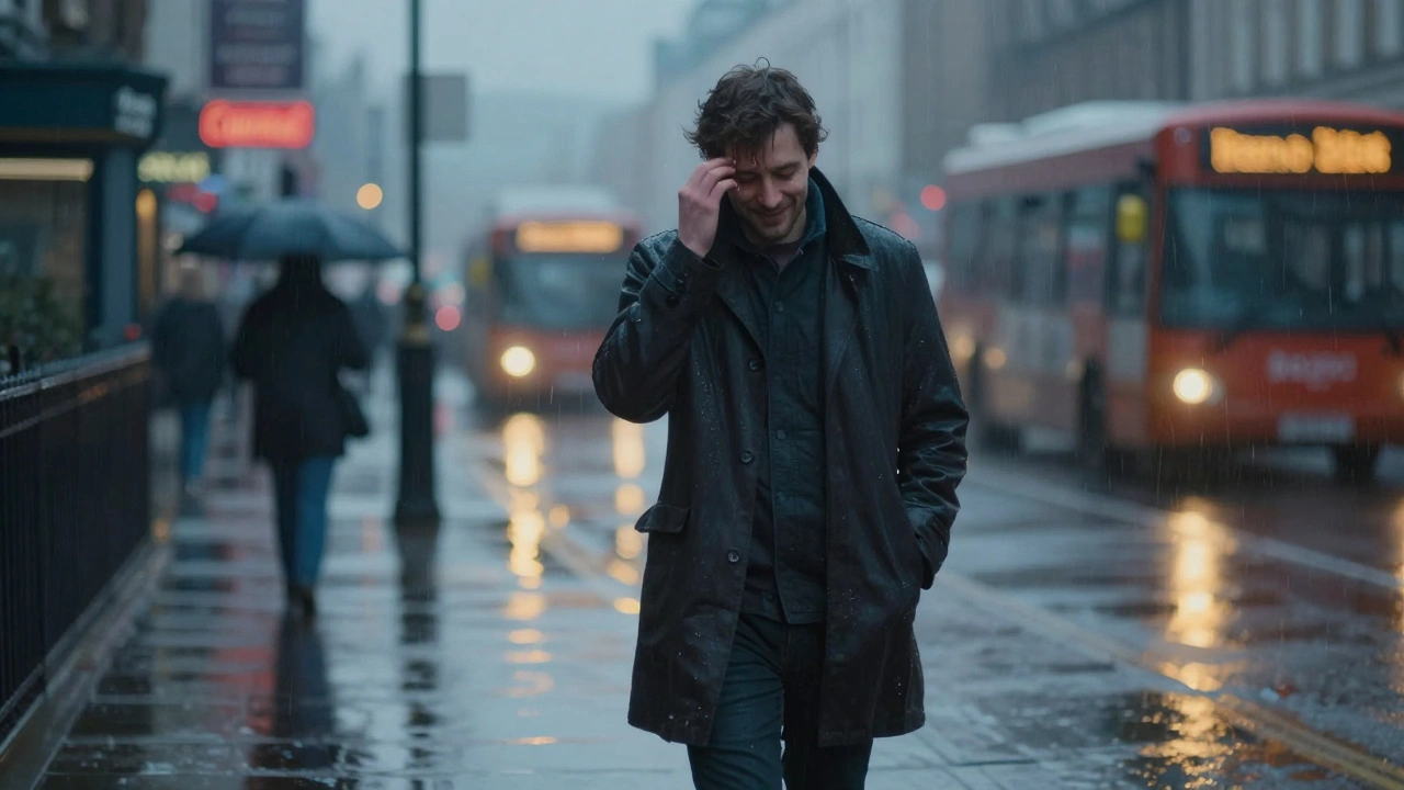 A man walks alone through rainy London streets at dawn, visibly at peace after a transformative massage.