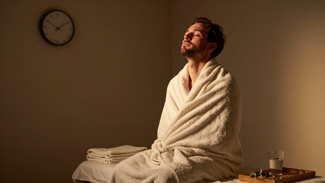 A man wrapped in a towel after a massage, eyes closed, tear on cheek, golden light, quiet room with water and eucalyptus leaf nearby.