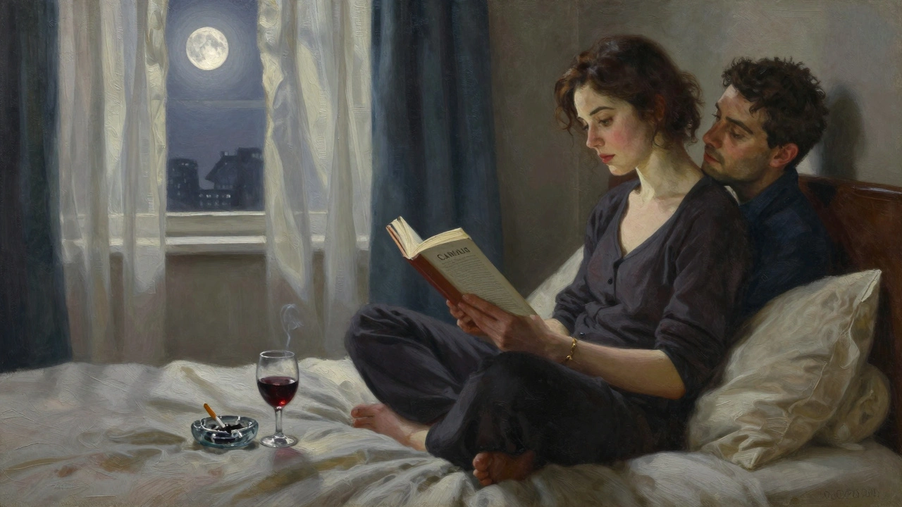 A woman reads Camus on a bed beside a man who listens intently, candlelight casting warm shadows in a cozy bedroom.