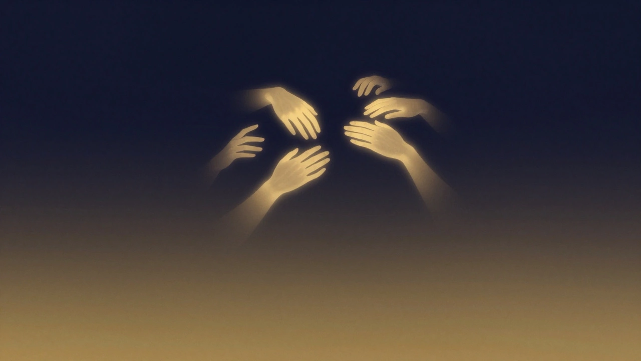 Abstract glowing hands gently touching a man's body in darkness, symbolizing healing and connection.