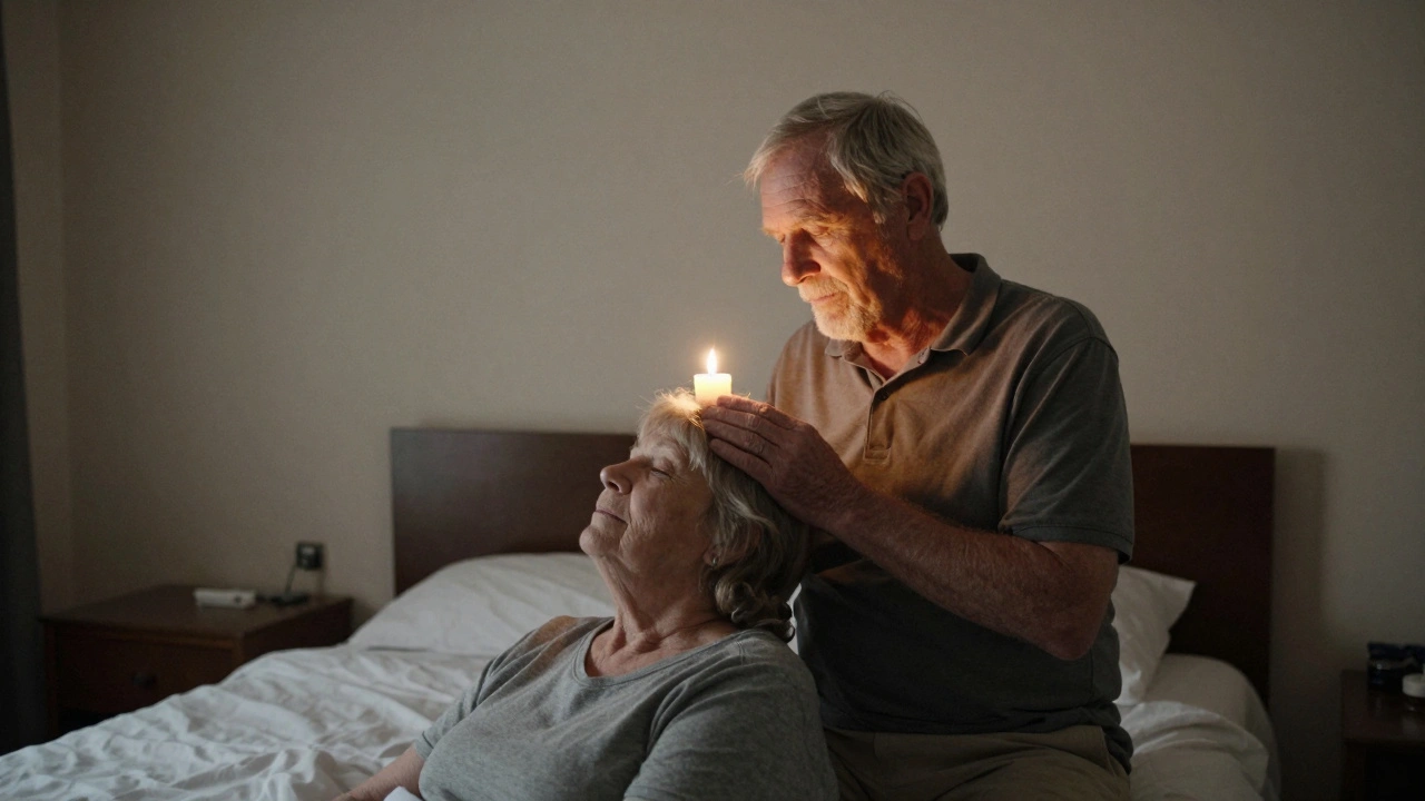 An elderly couple sharing a quiet scalp massage in a modest hotel room at night.
