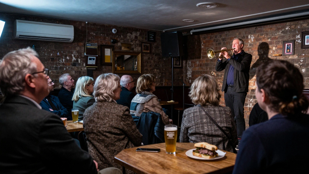 An elderly trumpet player performing in a cozy historic club as a diverse audience listens in silence.