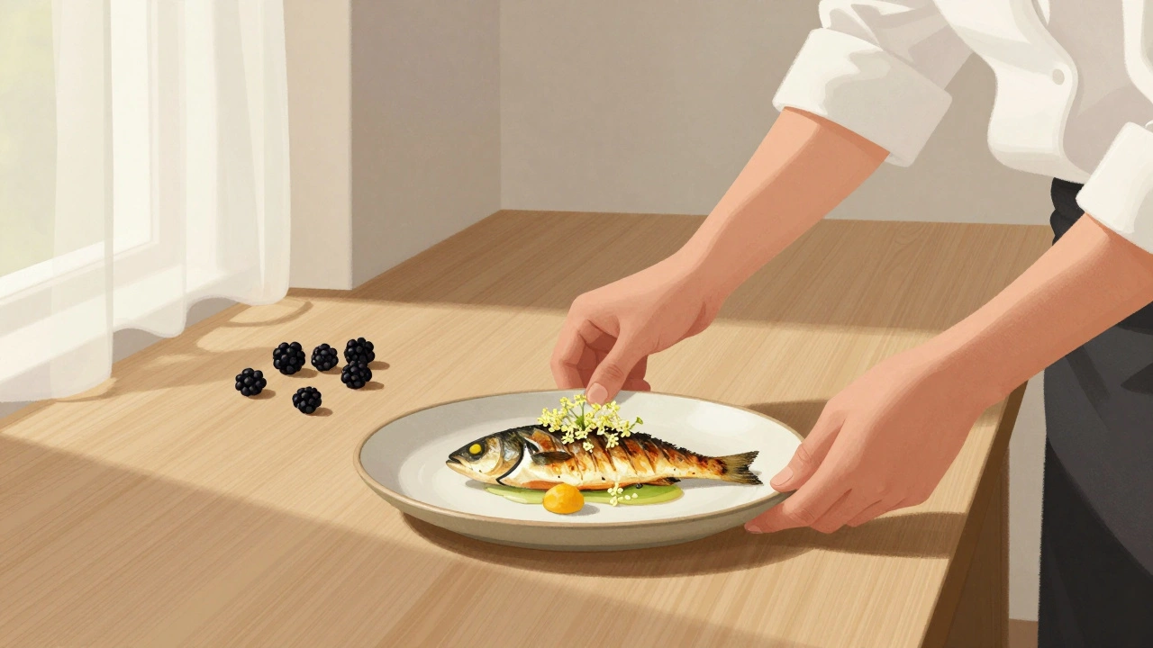 Chef placing roasted sea bass with pickled elderflower at Core by Clare Smyth.