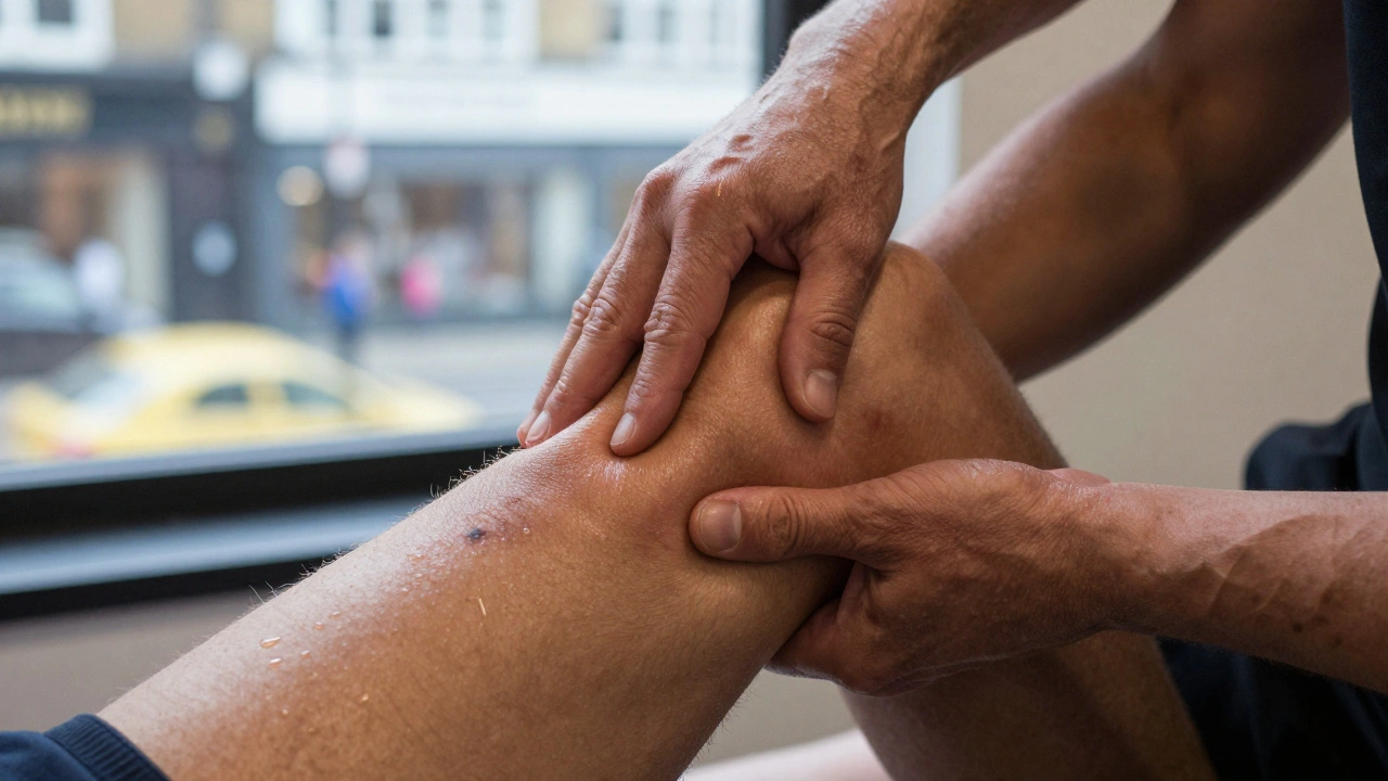 Close-up of hands working on a runner's tight iliotibial band with visible muscle tension.