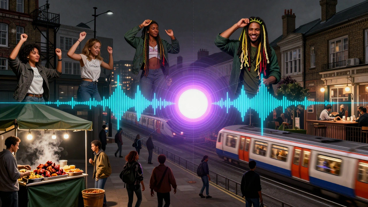 Conceptual map showing Electric Brixton connecting diverse London scenes through sound waves.