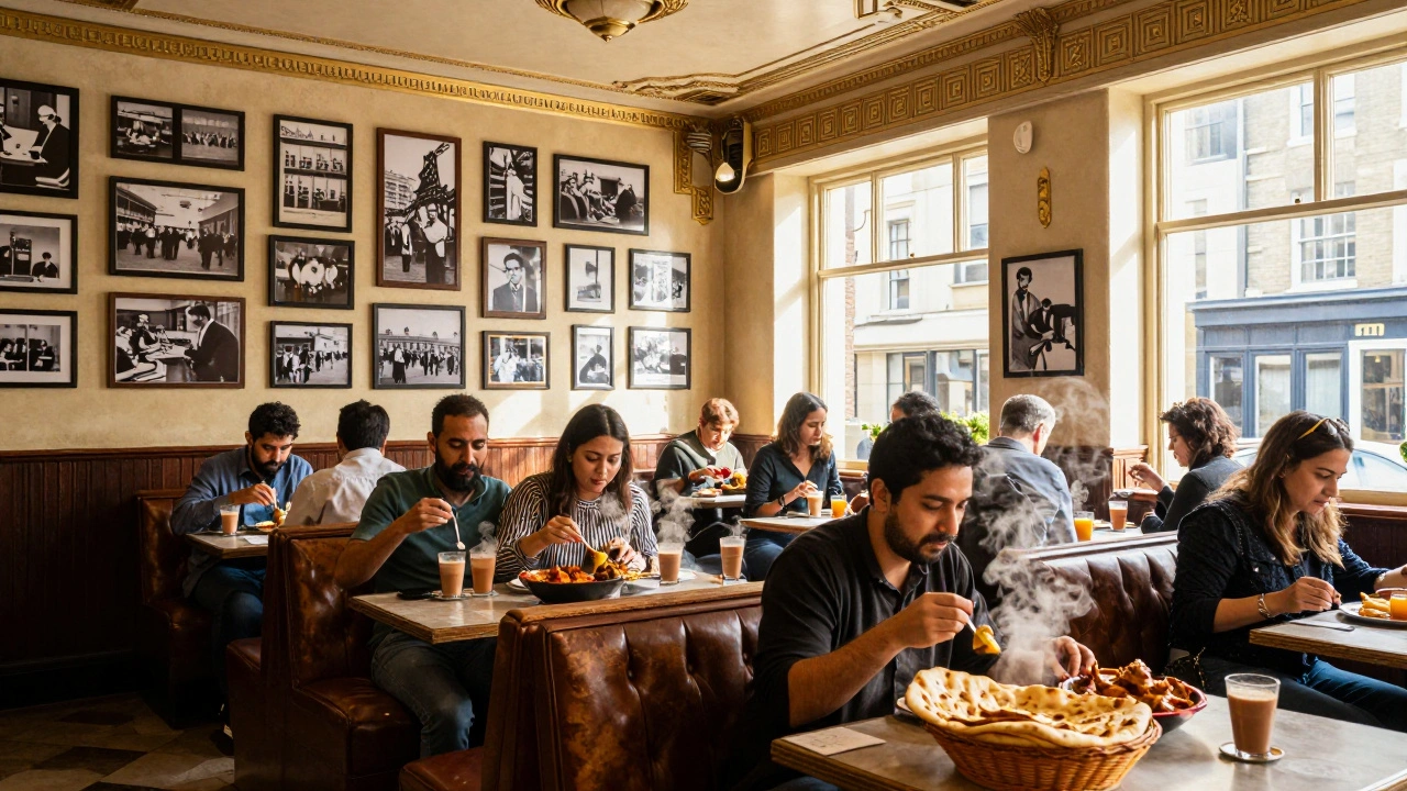 Diverse patrons dining in Dishoom's Art Deco interior, steam rising from naan and chai.