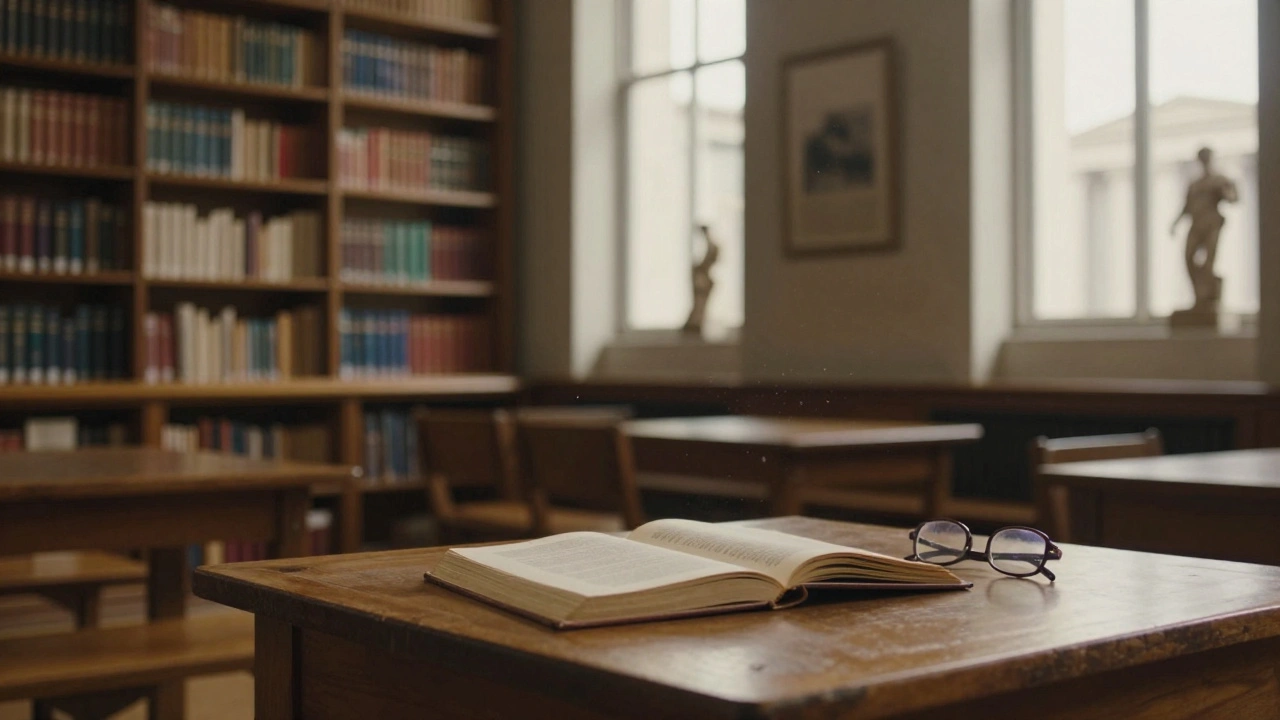 Empty Reading Room in the British Museum with soft light and books.