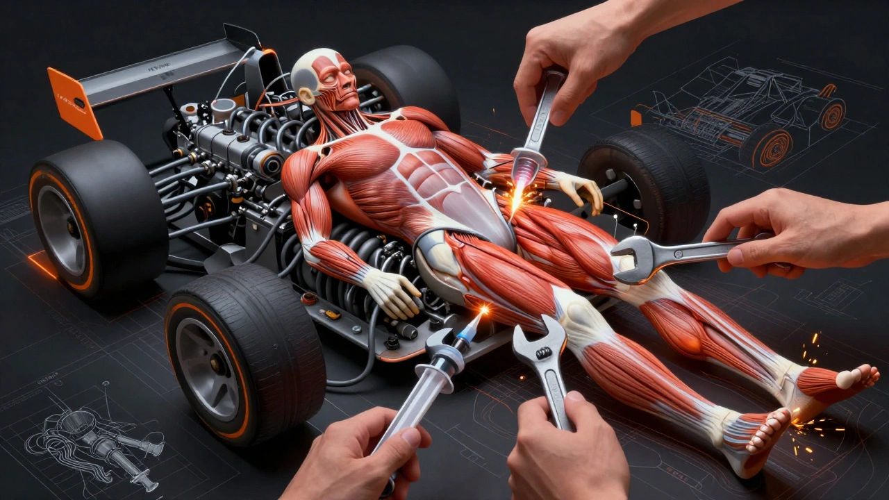 Human body as a race car being serviced, muscles as engine parts, tools releasing tension with neon accents.
