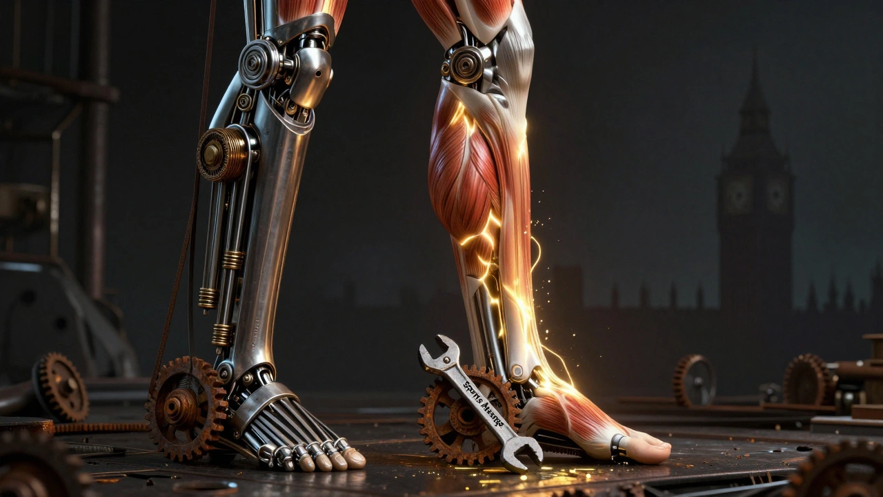 Human leg depicted as a mechanical engine being repaired with tools and glowing energy