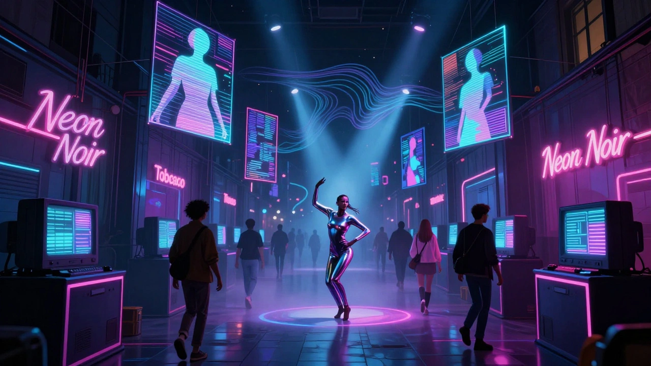 Immersive neon-lit pop-up experience with holograms and retro-futuristic lighting
