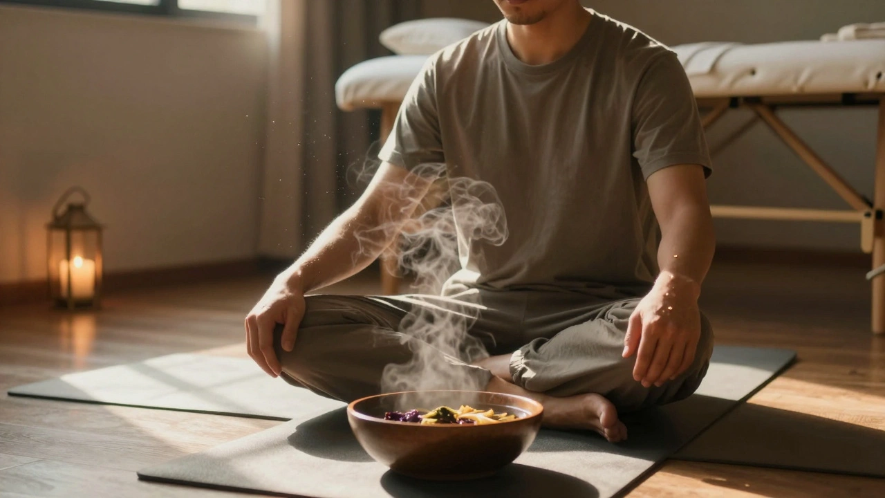 Man sitting peacefully on yoga mat after aromatherapy session, steam rising nearby