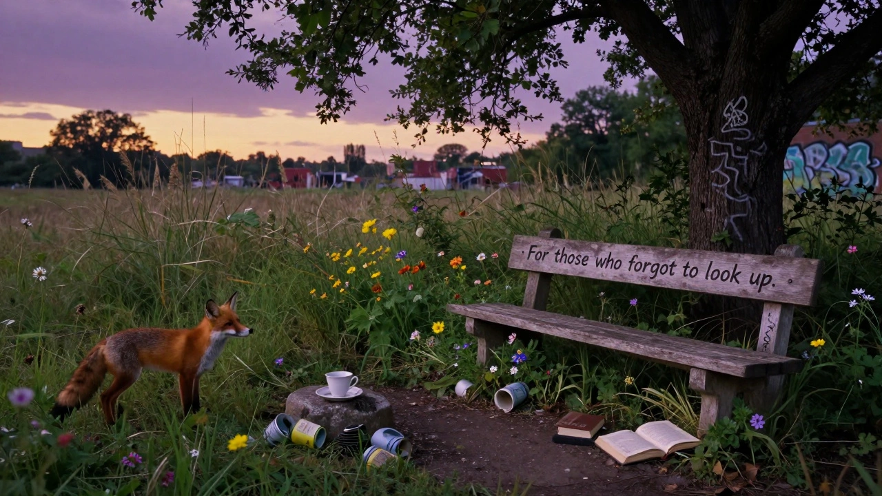 Overgrown urban wilderness with a carved bench, wildflowers, and a fox near a teacup at twilight.